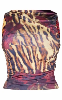Online PrettyLittleThing Floral Leopard Printed Double Layer Slinky Crop Top Multi