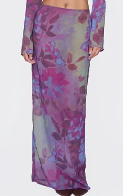 Best PrettyLittleThing Floral Print Chiffon Mid Rise Maxi Skirt Multi