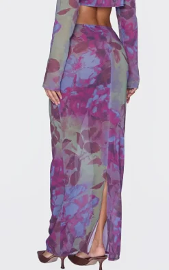 Best PrettyLittleThing Floral Print Chiffon Mid Rise Maxi Skirt Multi