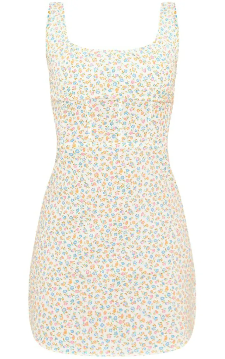 Floral Print Linen Look Corset Detail Bodycon Dress-PrettyLittleThing Best