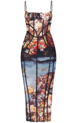 Floral Print Mesh Binding Detail Midaxi Dress-PrettyLittleThing Outlet