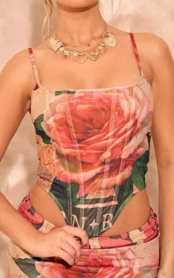 Online PrettyLittleThing Floral Print Mesh Double Layered Corset Multi