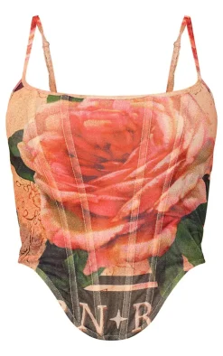 Online PrettyLittleThing Floral Print Mesh Double Layered Corset Multi