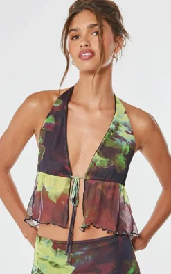Best PrettyLittleThing Floral Print Mesh Halterneck Top Multi