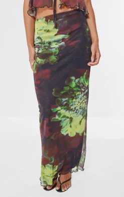 New PrettyLittleThing Floral Print Mesh Low Rise Midaxi Skirt Multi