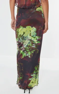 New PrettyLittleThing Floral Print Mesh Low Rise Midaxi Skirt Multi