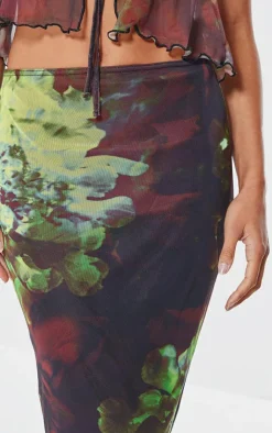 New PrettyLittleThing Floral Print Mesh Low Rise Midaxi Skirt Multi