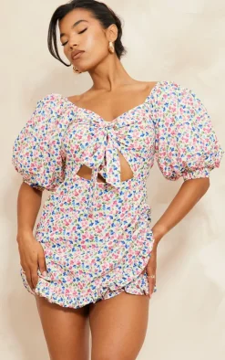 Floral Print Puff Sleeve Tie Front Bodycon Dress-PrettyLittleThing Outlet