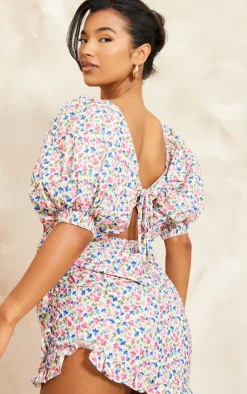 Floral Print Puff Sleeve Tie Front Bodycon Dress-PrettyLittleThing Outlet