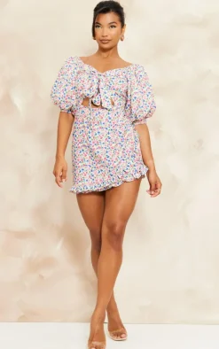 Floral Print Puff Sleeve Tie Front Bodycon Dress-PrettyLittleThing Outlet