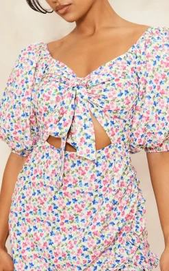 Floral Print Puff Sleeve Tie Front Bodycon Dress-PrettyLittleThing Outlet