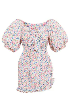 Floral Print Puff Sleeve Tie Front Bodycon Dress-PrettyLittleThing Outlet