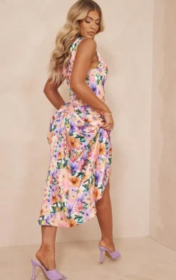 Floral Print Satin Off The Shoulder Draped Skirt Midi Dress-PrettyLittleThing