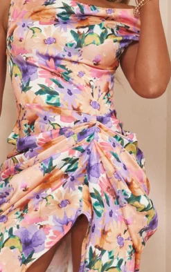 Floral Print Satin Off The Shoulder Draped Skirt Midi Dress-PrettyLittleThing