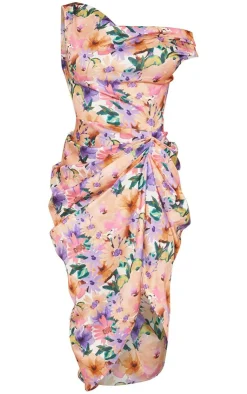 Floral Print Satin Off The Shoulder Draped Skirt Midi Dress-PrettyLittleThing