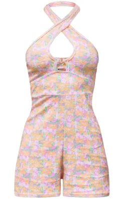 Multi Floral Print Towelling Ring Detail Halter Romper