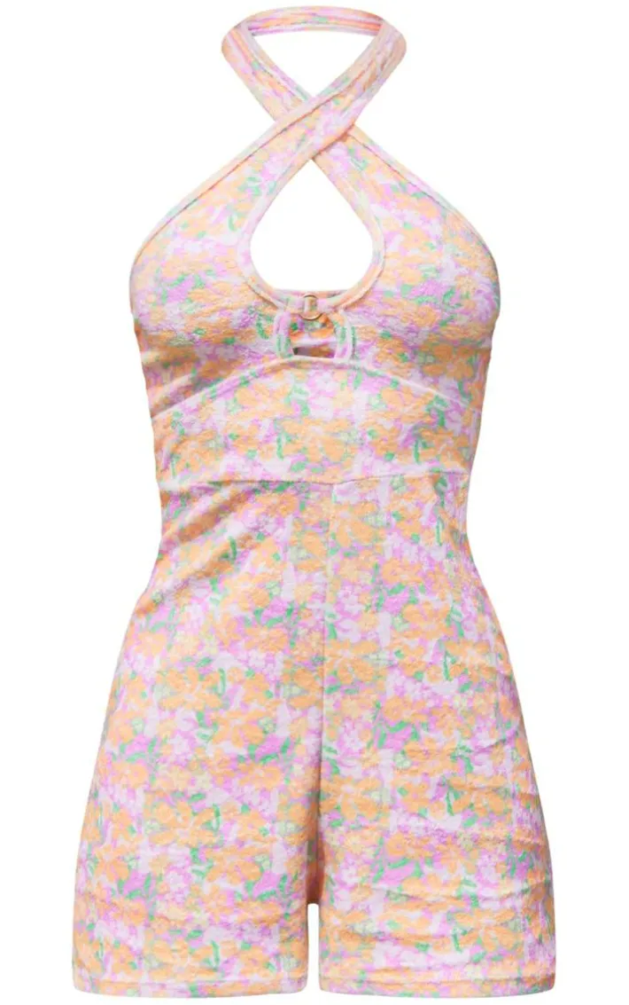 Multi Floral Print Towelling Ring Detail Halter Romper