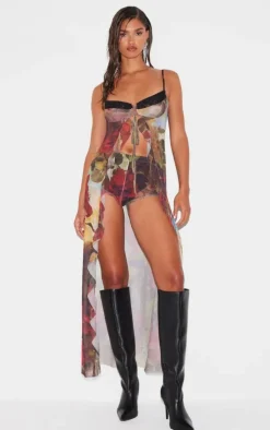 Best PrettyLittleThing Floral Printed Mesh Hot Pants Multi