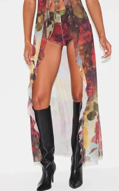 Best PrettyLittleThing Floral Printed Mesh Hot Pants Multi