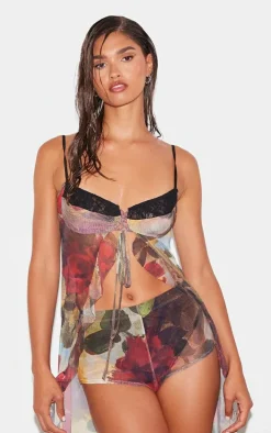 Best PrettyLittleThing Floral Printed Mesh Hot Pants Multi
