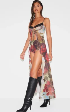 Best PrettyLittleThing Floral Printed Mesh Ruffle Tiered Long Bralet Multi