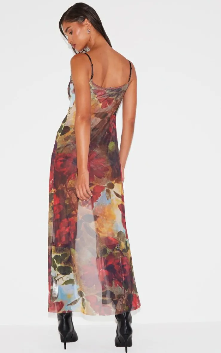 Best PrettyLittleThing Floral Printed Mesh Ruffle Tiered Long Bralet Multi