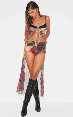 Best PrettyLittleThing Floral Printed Mesh Ruffle Tiered Long Bralet Multi