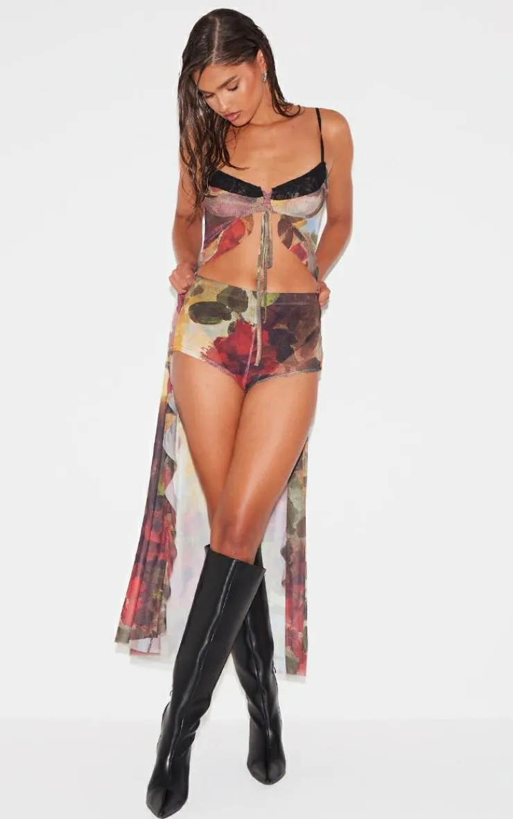 Best PrettyLittleThing Floral Printed Mesh Ruffle Tiered Long Bralet Multi