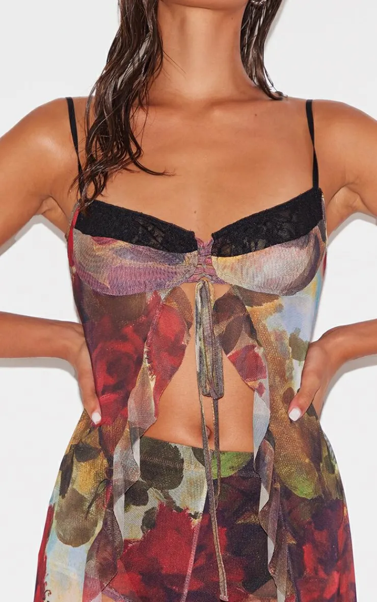 Best PrettyLittleThing Floral Printed Mesh Ruffle Tiered Long Bralet Multi