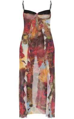 Best PrettyLittleThing Floral Printed Mesh Ruffle Tiered Long Bralet Multi