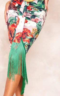 Multi Floral Printed Tassel Hem Midi Skirt