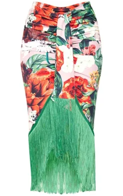 Multi Floral Printed Tassel Hem Midi Skirt