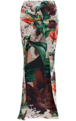 Multi Floral Ruched Maxi Skirt