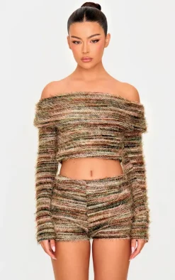 Best PrettyLittleThing Fluffy Textured Foldover Bardot Top Multi