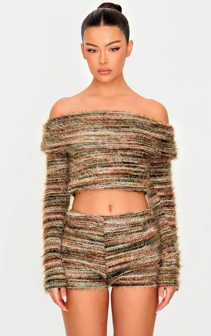 Best PrettyLittleThing Fluffy Textured Foldover Bardot Top Multi