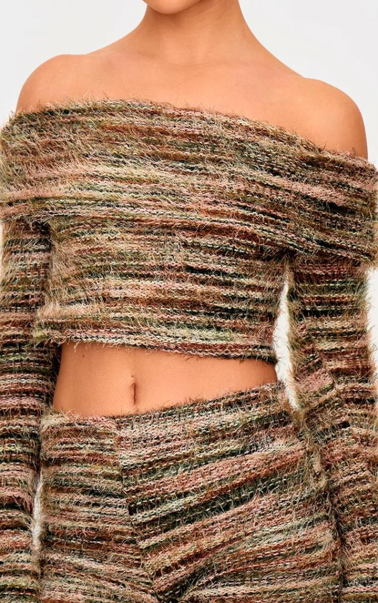 Best PrettyLittleThing Fluffy Textured Foldover Bardot Top Multi