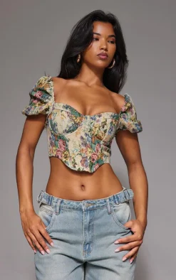 Jacquard Floral Puff Sleeve Crop Top-PrettyLittleThing Outlet