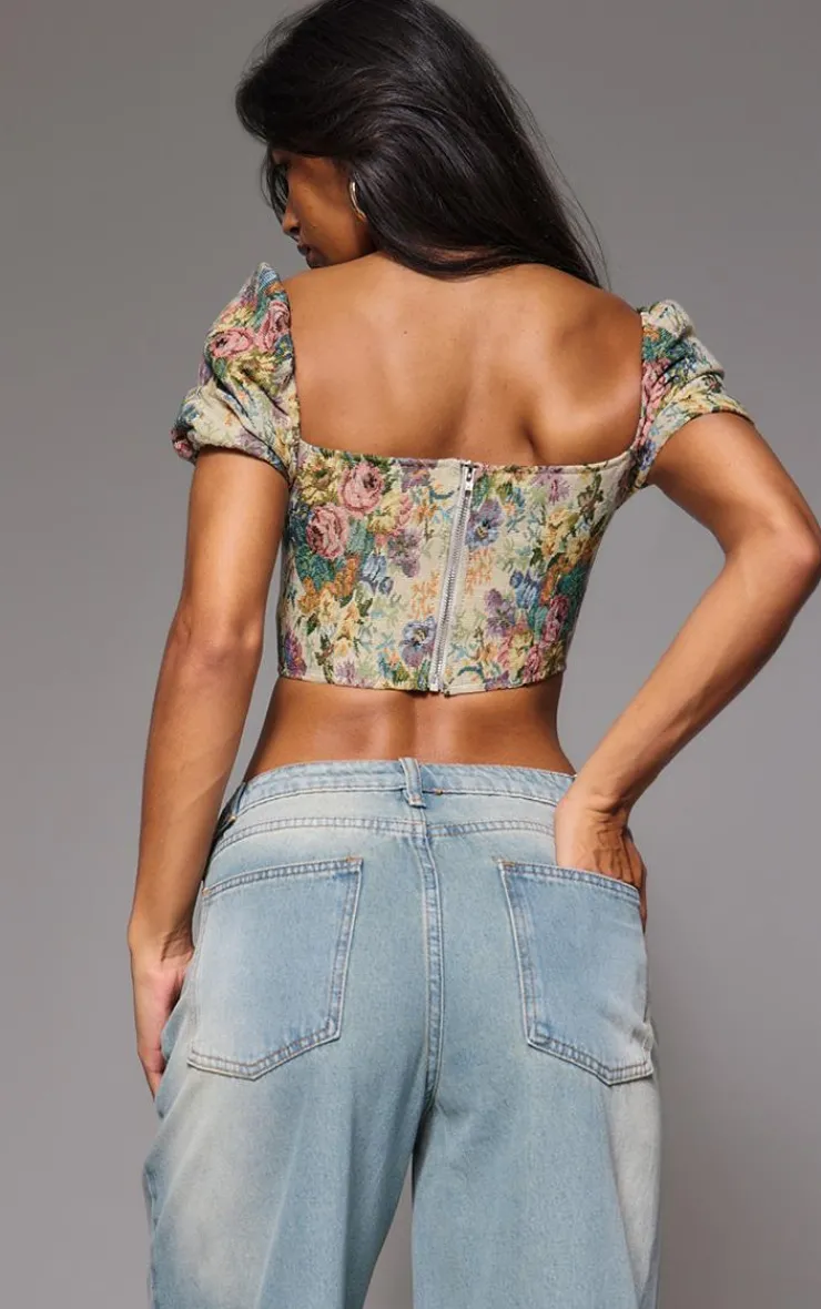 Jacquard Floral Puff Sleeve Crop Top-PrettyLittleThing Outlet