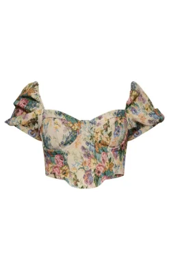 Jacquard Floral Puff Sleeve Crop Top-PrettyLittleThing Outlet