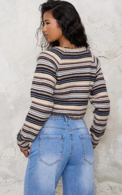 PrettyLittleThing Cardigans*Knit Jacquard Stripe Cropped Cardigan