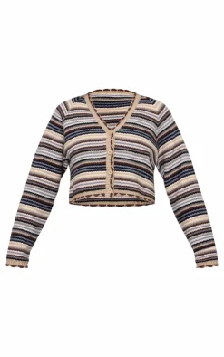 PrettyLittleThing Cardigans*Knit Jacquard Stripe Cropped Cardigan