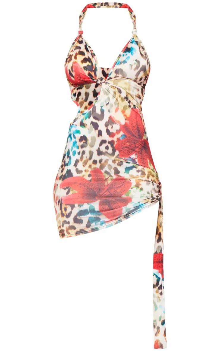 Leopard Floral Print Slinky Knotted Bodycon Dress-PrettyLittleThing New