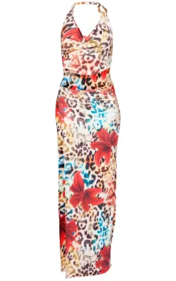 Leopard Floral Print Slinky Cowl Neck Trim Detail Maxi Dress-PrettyLittleThing