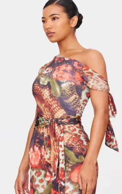 Multi Leopard Print Double Layer Slinky Tie Detail Capri Jumpsuit