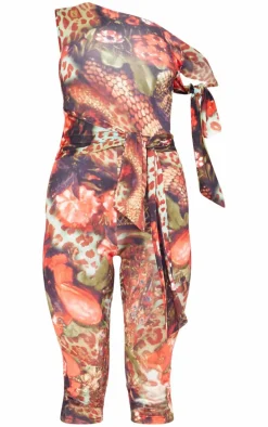 Multi Leopard Print Double Layer Slinky Tie Detail Capri Jumpsuit