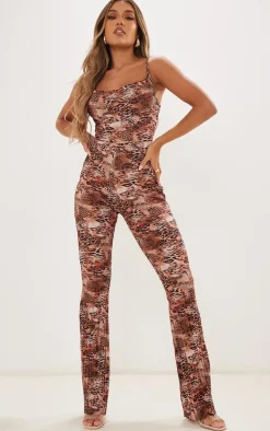 Multi Leopard Print Plisse Cowl Strappy Jumpsuit
