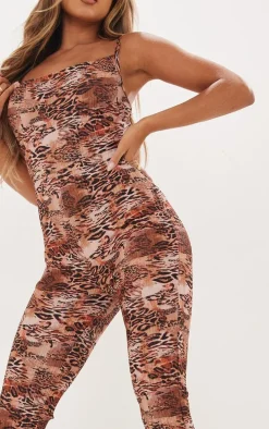 Multi Leopard Print Plisse Cowl Strappy Jumpsuit