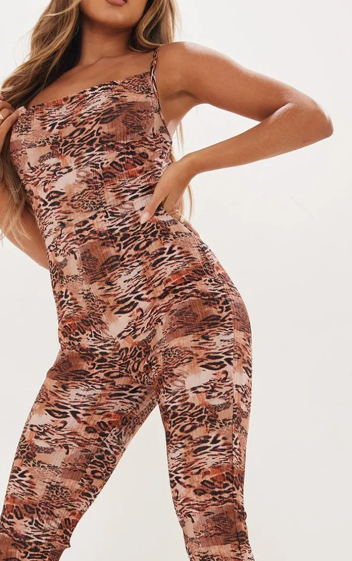 Multi Leopard Print Plisse Cowl Strappy Jumpsuit