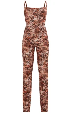 Multi Leopard Print Plisse Cowl Strappy Jumpsuit