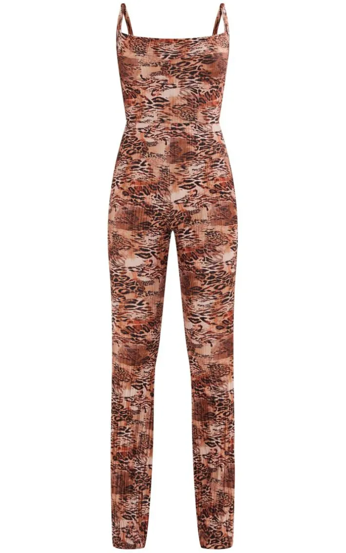 Multi Leopard Print Plisse Cowl Strappy Jumpsuit
